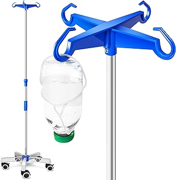 AIESI® Soporte Porta Sueros en ACERO INOXIDABLE con 4 ganchos de plástico y ruedas giratorias con freno, Gratis 2 portabotellas 100 ml, Garantía 24 meses